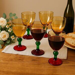 Set of 6 Vintage Multi-Color Stemmed Goblets – Amber Glass with Red & Purple Bas